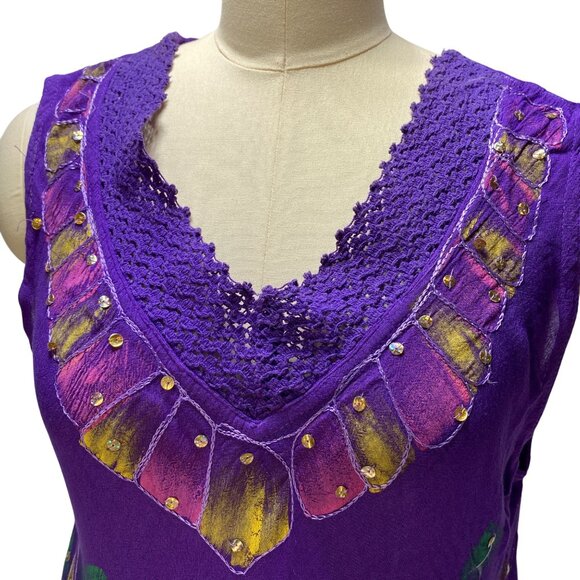 Purple Floral Sleeveless Tunic Top With Crochet Neckline Beachy Flowy - Picture 2 of 13